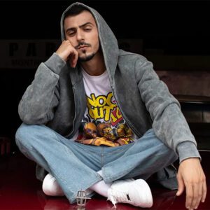 French Terry Print Graphic Acid Wash Hoodie Men