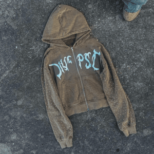 Acid Vintage Washed Zip Up Rhinestone Hoodie For Men