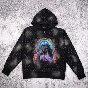 Custom Mens Acid Wash Zipper Rhinestone Hoodies